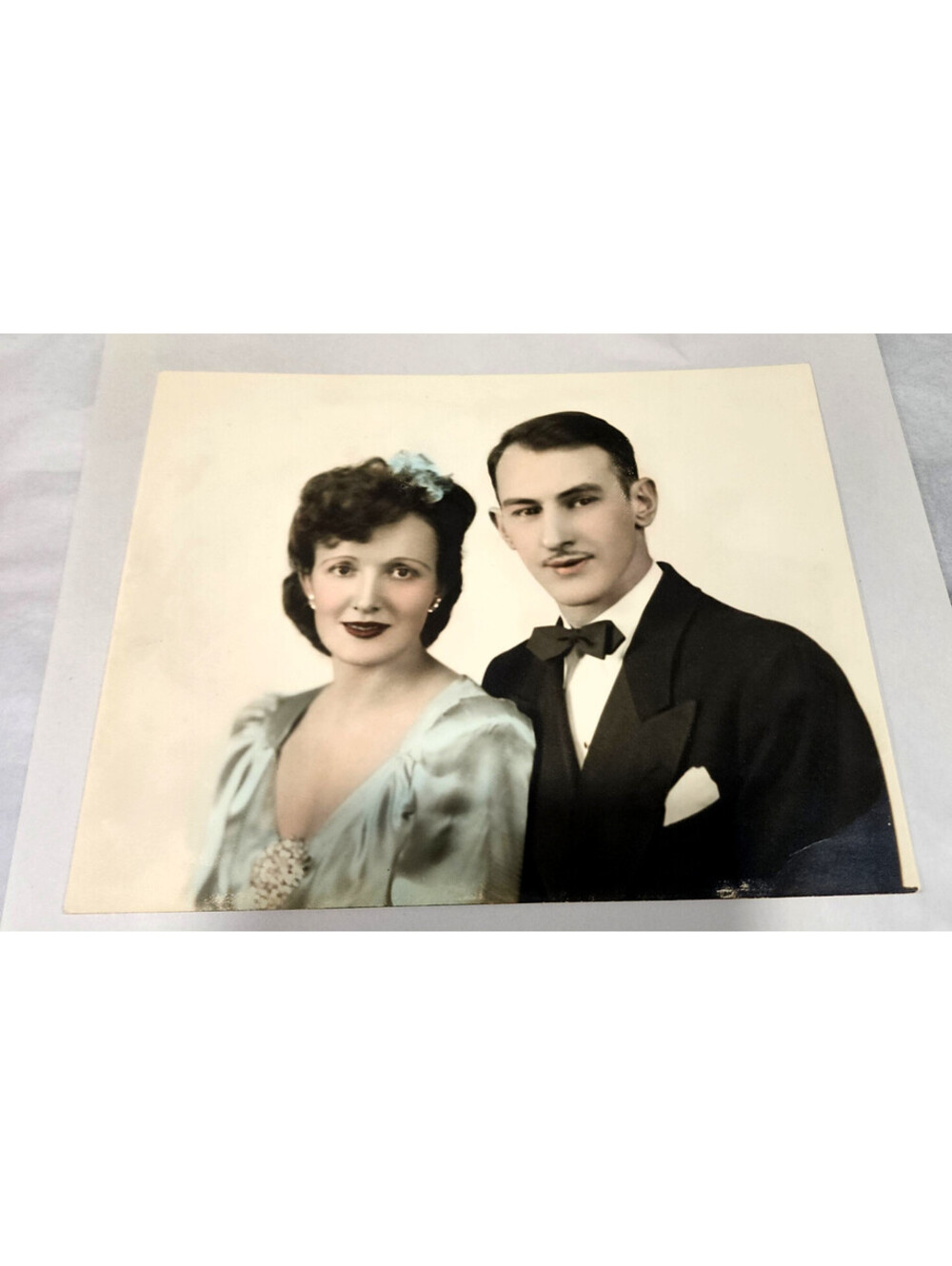 Vintage 1940s Couple Portrait Photo Hand Tinted Tuxedo Formal Gown Fashion WWII